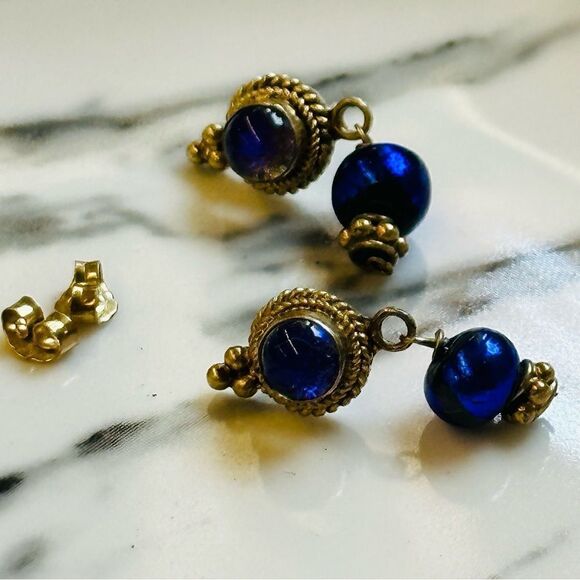 Sterling Silver Gold Wash Purple Glass Blue Bead Earrings - Picture 1 of 2